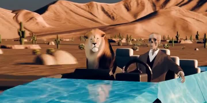 Still from a Blender scene: a skeleton and a lion driving through the desert